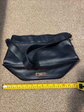 Zac Posen Navy Leather Shoulder Bag with Gold Plaque